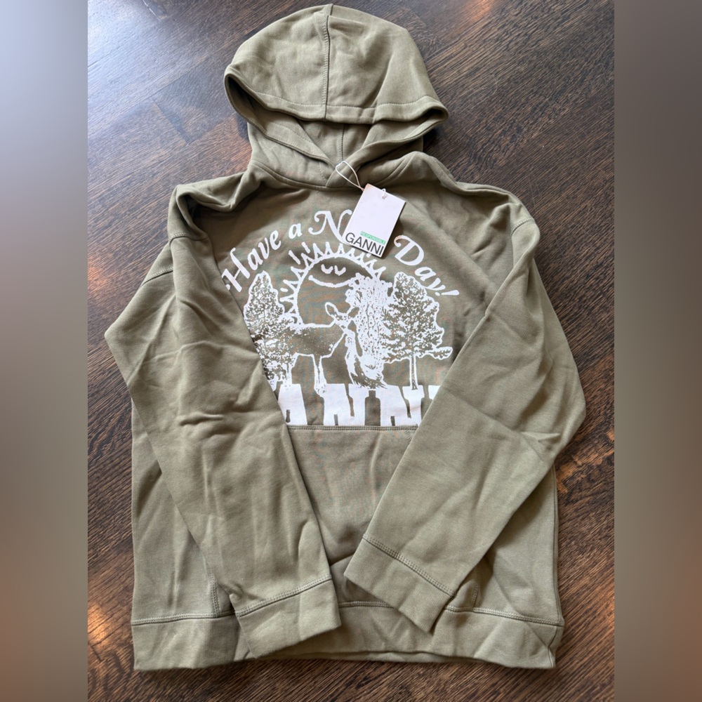 Ganni Olive Green Graphic Hoodie with White Print